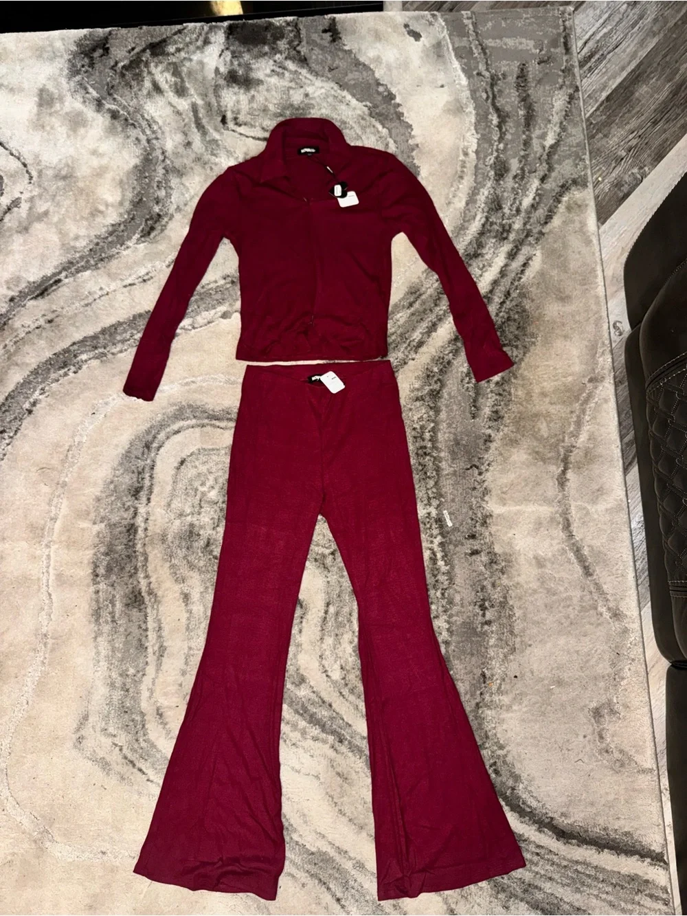 Fashion Nova Kids Wine Ribbed Zip-Front Top & Flared Pants Set